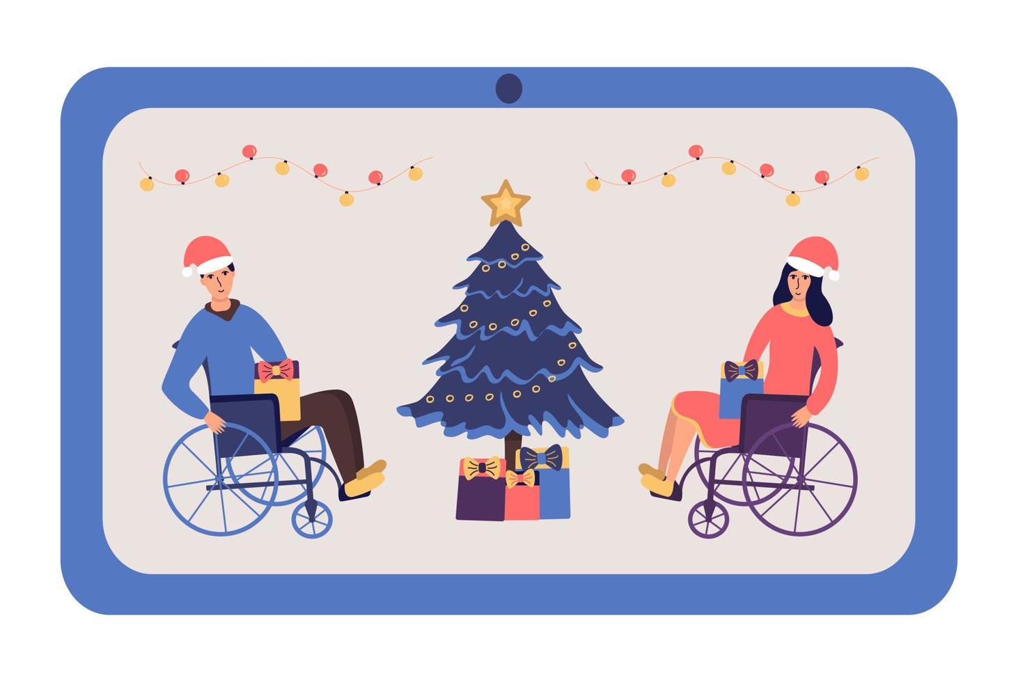 las personas con discapacidad celebran la navidad en línea. vector de dibujos animados