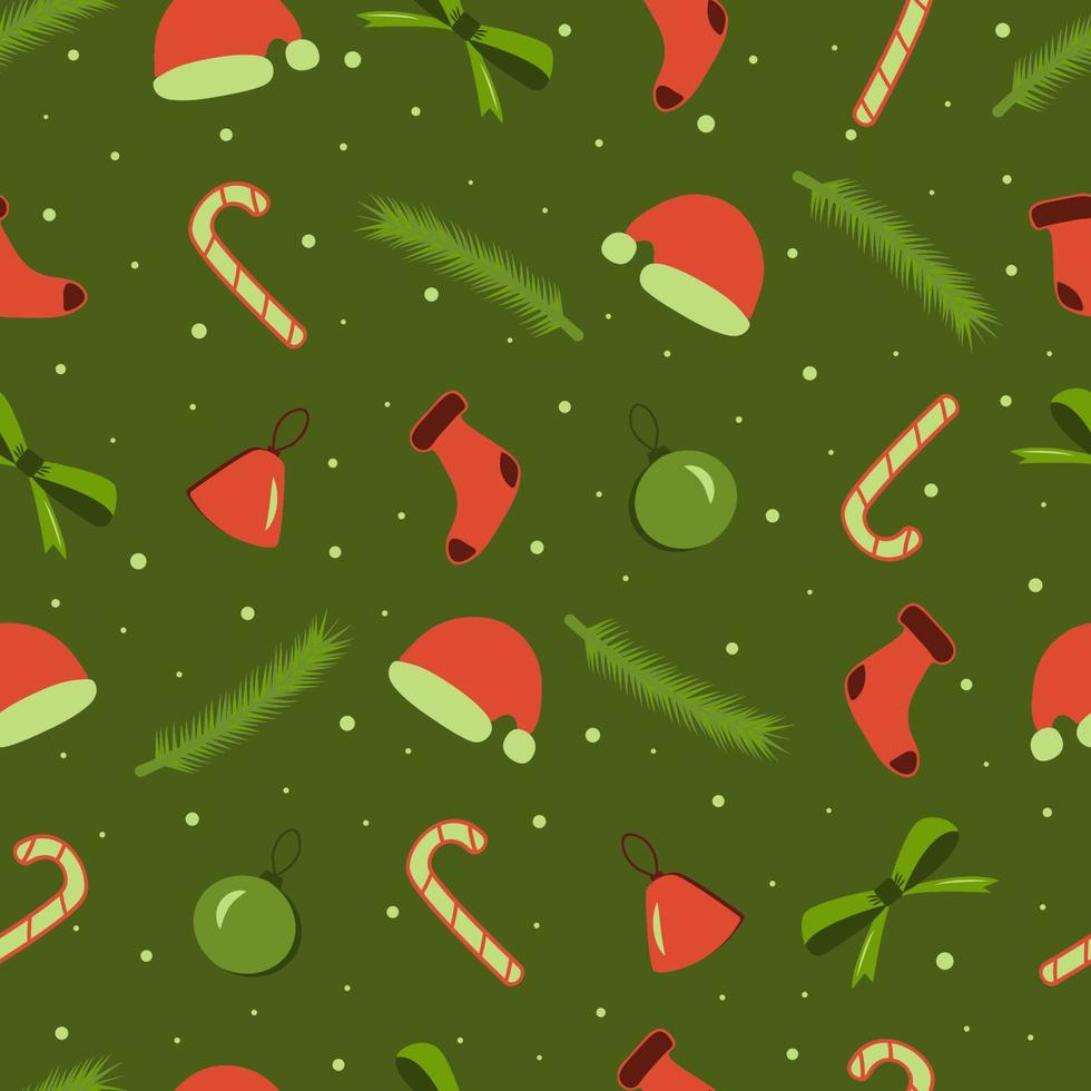 A seamless New Year pattern on a green background with spruce branches, toys vector