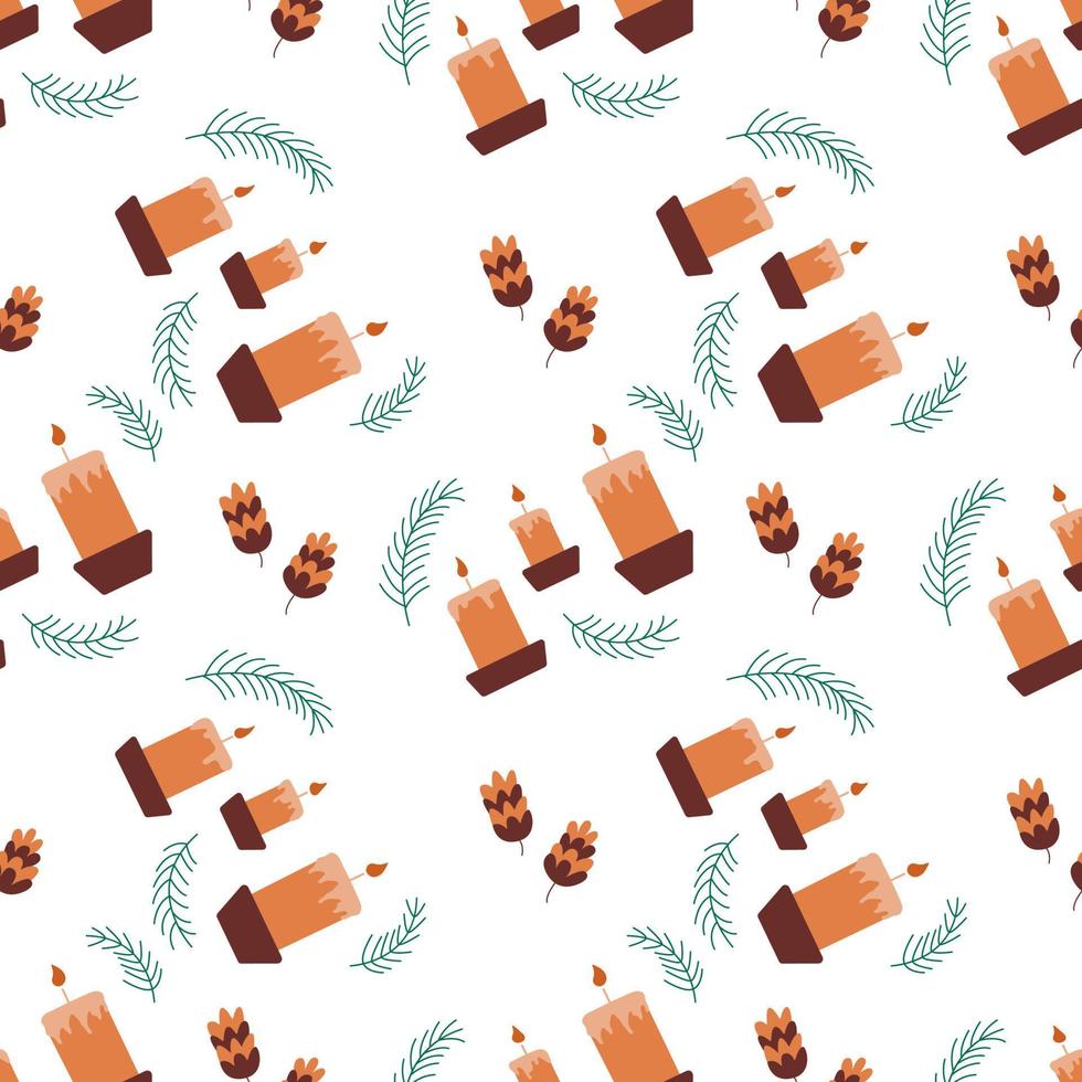 Christmas pattern with fir branches, candles and pine cones. Vector