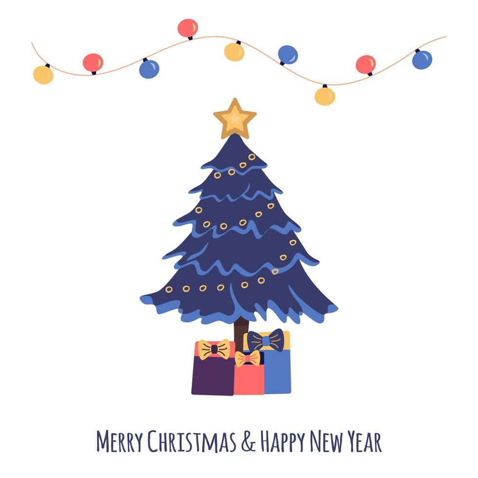 Christmas tree with garland and gifts. Cartoon vector isolated card