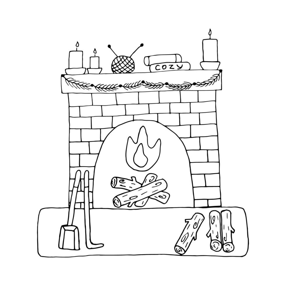 Cozy fireplace. Black and white vector. Decorated fireplace mantle vector