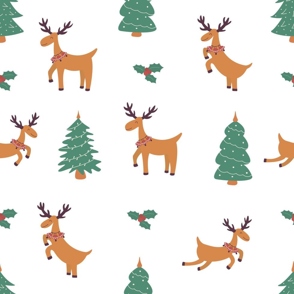 Seamless pattern Christmas reindeer and tree. Vector