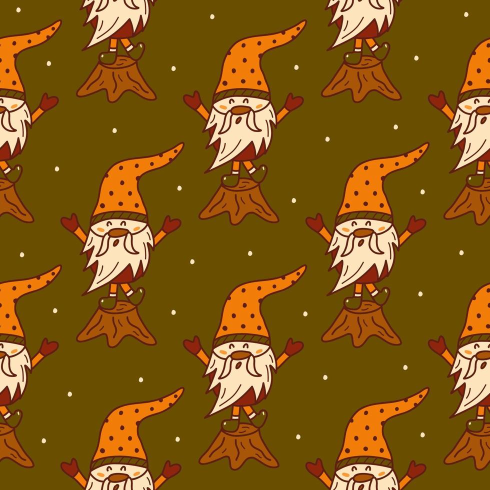 Seamless pattern gnome stands on a tree stump. Vector