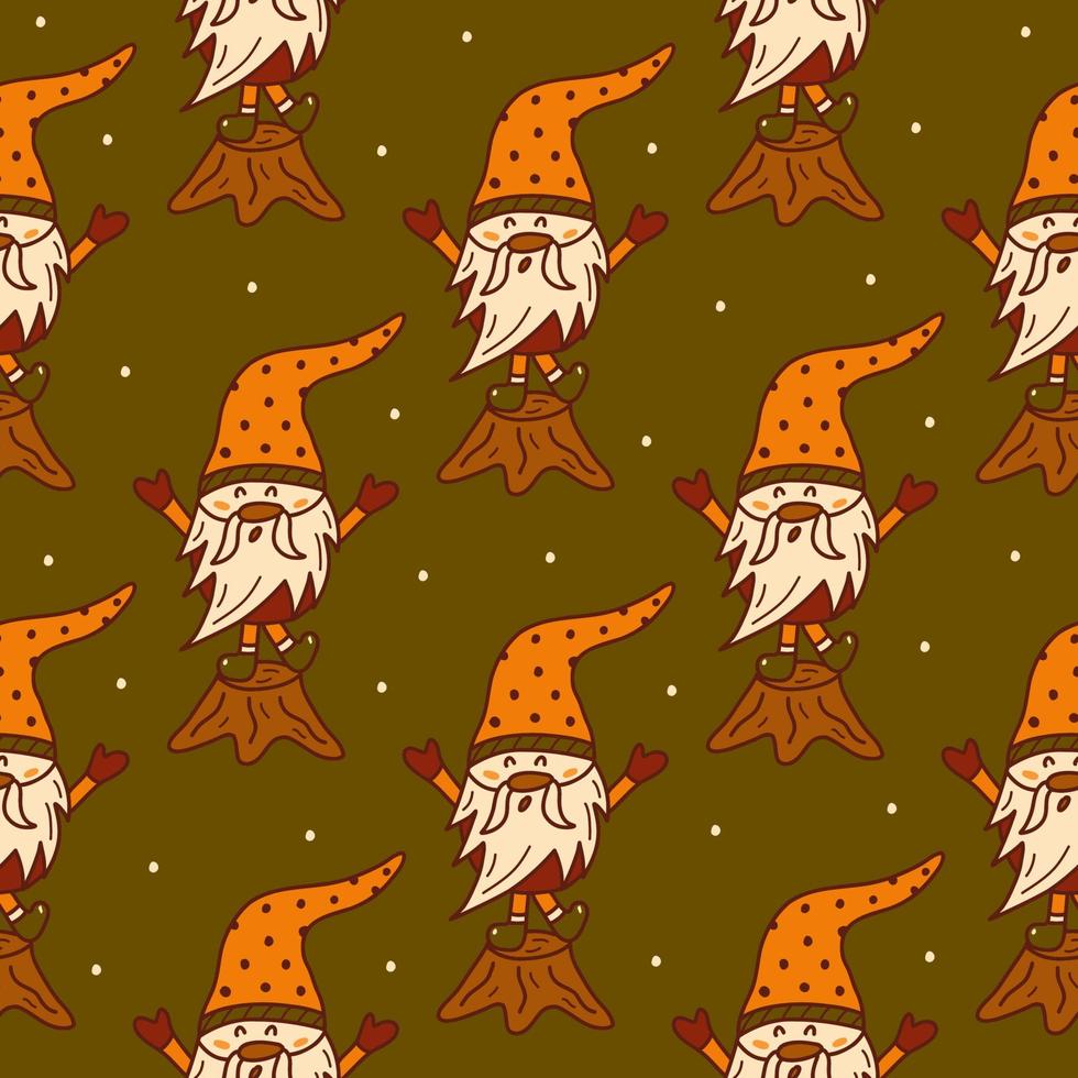 Seamless pattern gnome stands on a tree stump. Vector