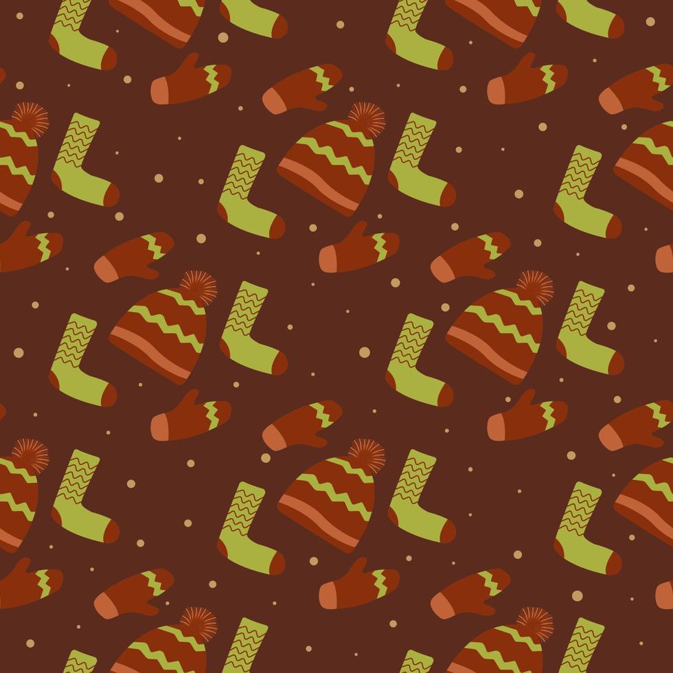 Seamless pattern socks, mittens and hat. Falling snow. Vector