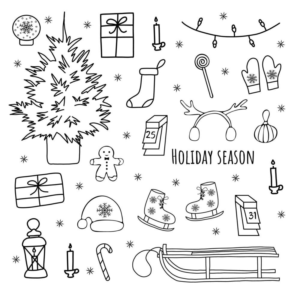 conjunto de elementos de temporada de vacaciones. vector dibujado a mano