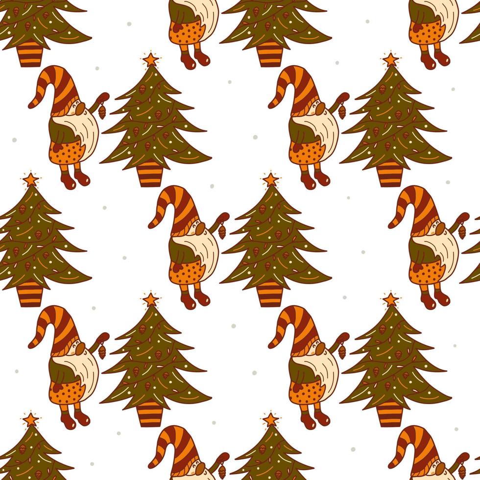 Seamless pattern. Christmas gnome next to Christmas tree. Vector