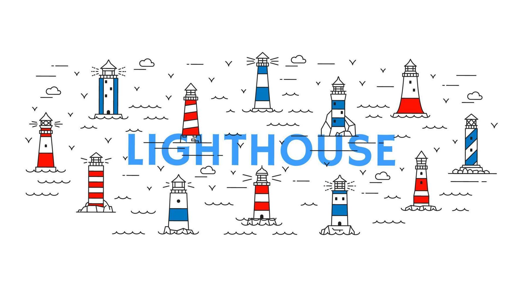 Line sea lighthouses and beacons background vector