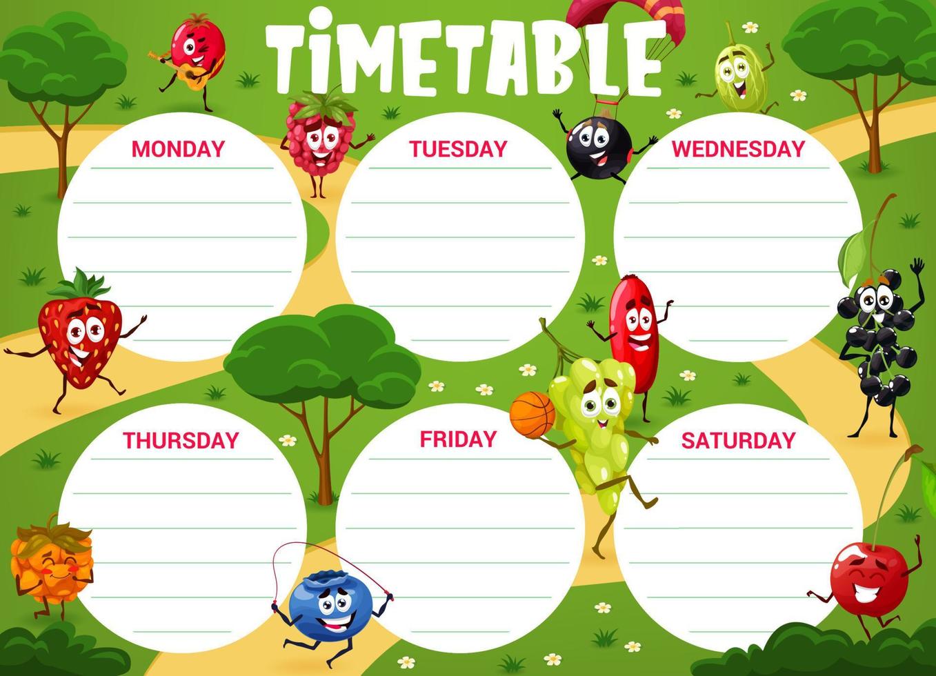 Timetable schedule with cartoon berry characters vector