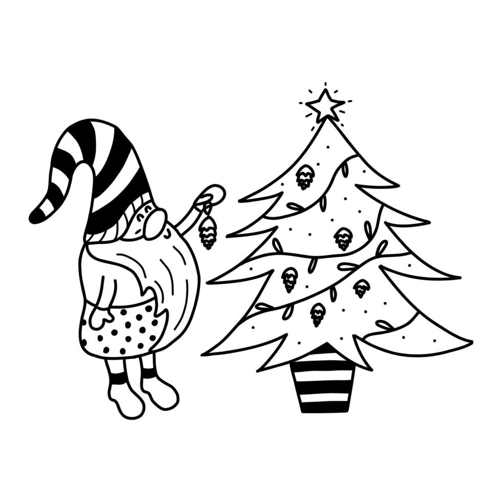 Little Christmas gnome stands next to tree. Vector