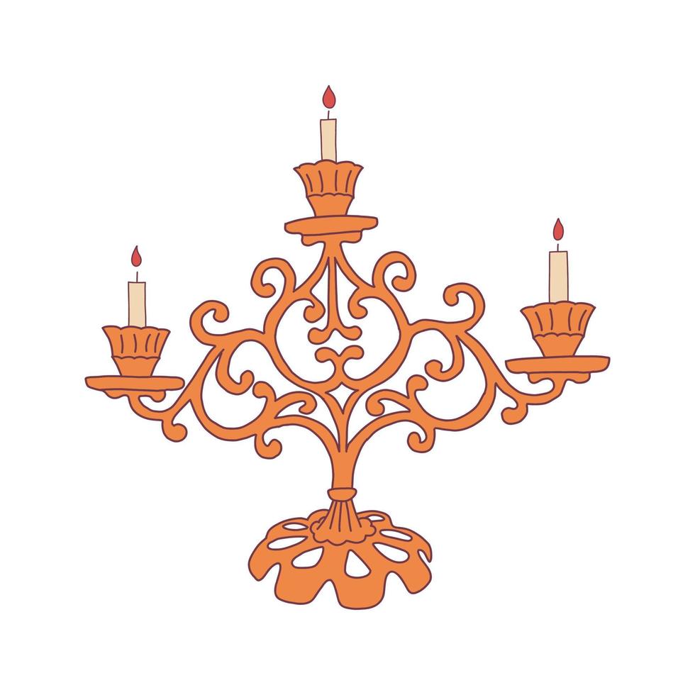 Vintage brass candlestick for three candles. Vector hand drawn