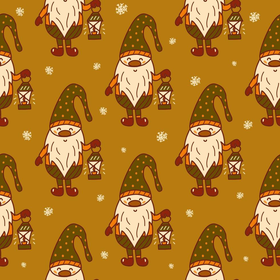Seamless pattern. Gnome is holding flashlight. Vector hand drawn