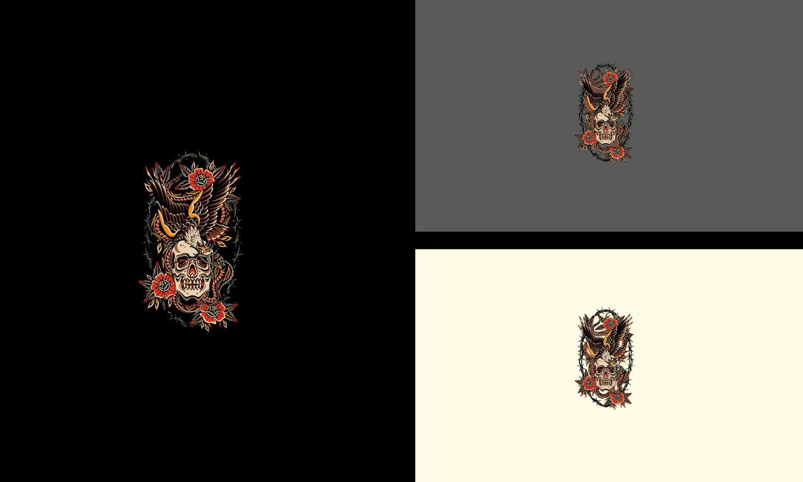 Cabeza cráneo águila con flores rojas ilustración vectorial diseño artístico vector