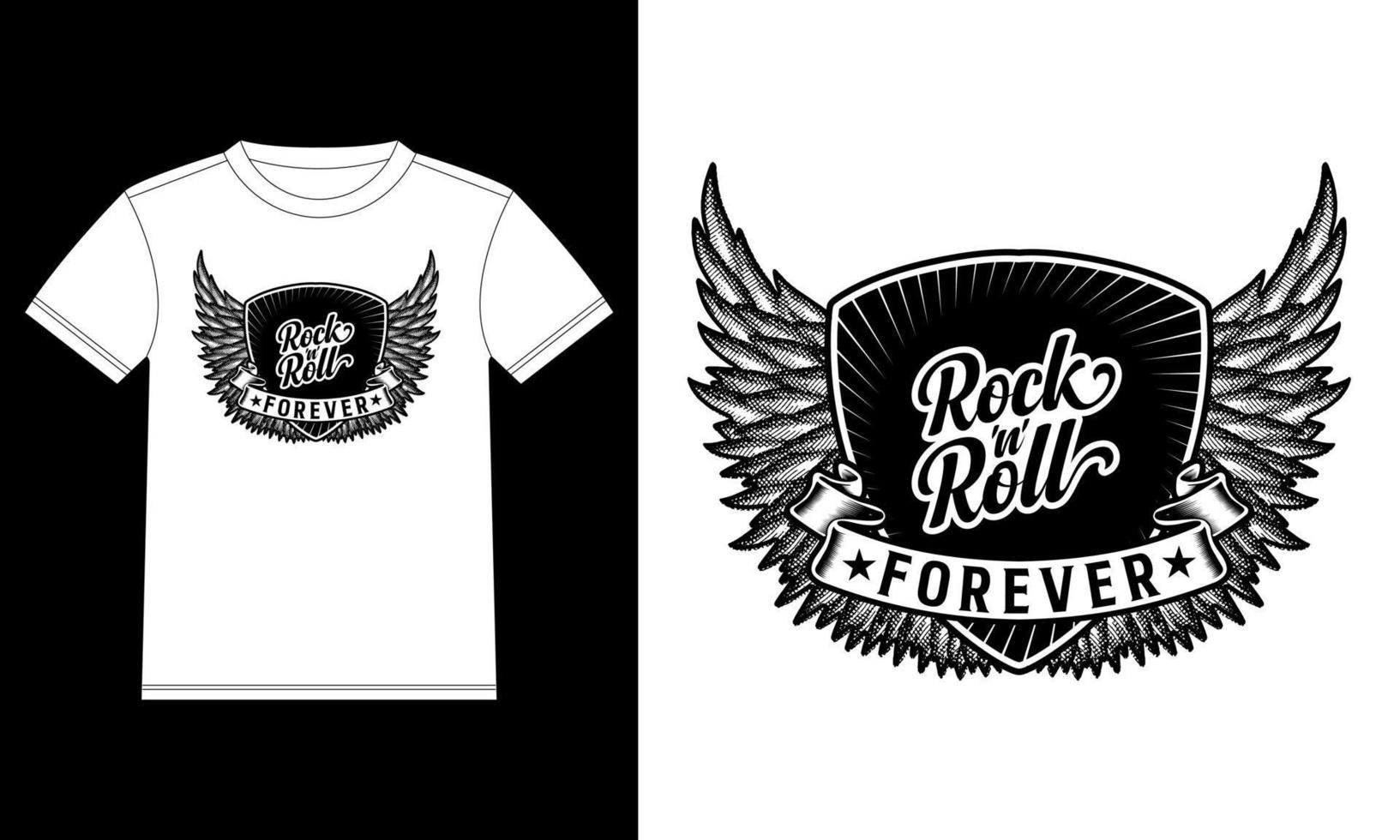 Rock and roll forever hand drawn lettering ribbon and wings. Rock festival poster T-shirt Design template, Car Window Sticker, POD, cover, Isolated White Background Vector illustration