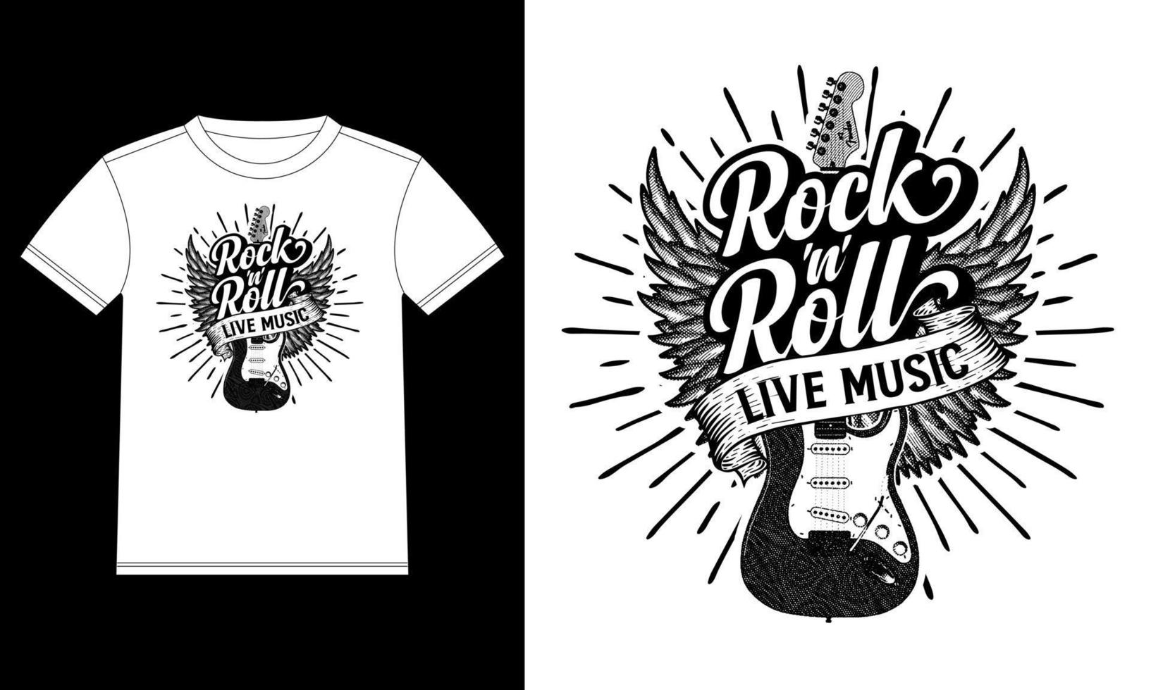 rock and roll música en vivo letras dibujadas a mano con guitarra, alas y cinta. plantilla de diseño de camiseta de afiche del festival de rock, pegatina de ventana de coche, vaina, cubierta, ilustración de vector de fondo blanco aislado