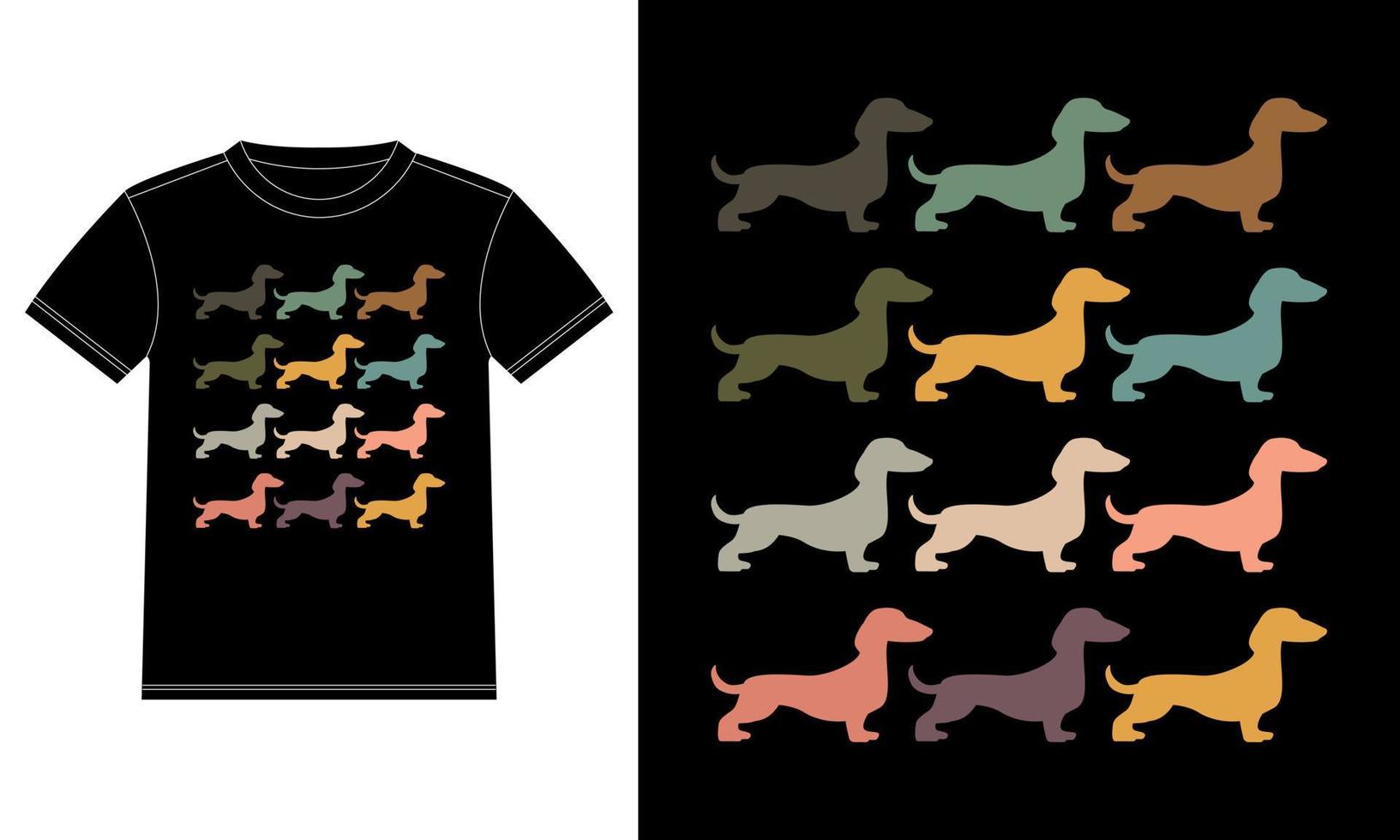 Dachshunds plantilla de diseño de camiseta de silueta multicolor, pegatina de ventana de coche, vaina, cubierta, fondo negro aislado vector