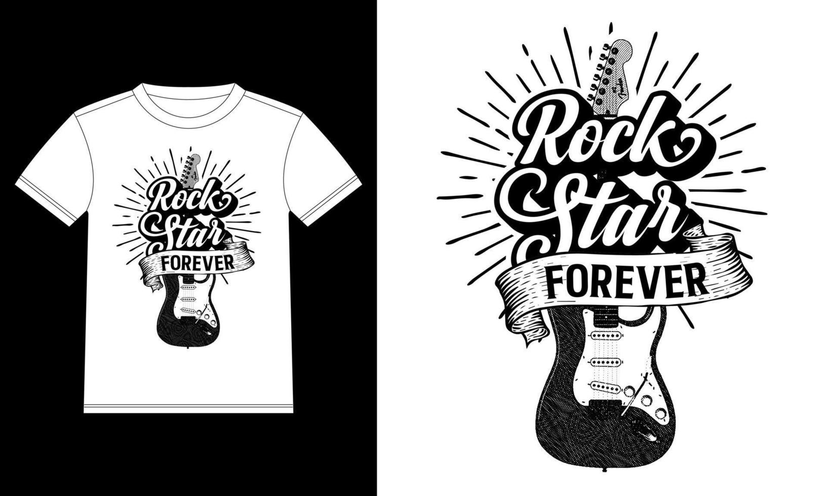 Rock and Star forever lettering with guitar and ribbon. Rock festival poster T-shirt Design template, Car Window Sticker, POD, cover, Isolated White Background Vector illustration