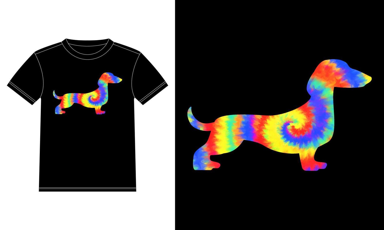 plantilla de diseño de camiseta de teñido anudado de perro dachshund, pegatina de ventana de coche, vaina, cubierta, fondo negro aislado vector