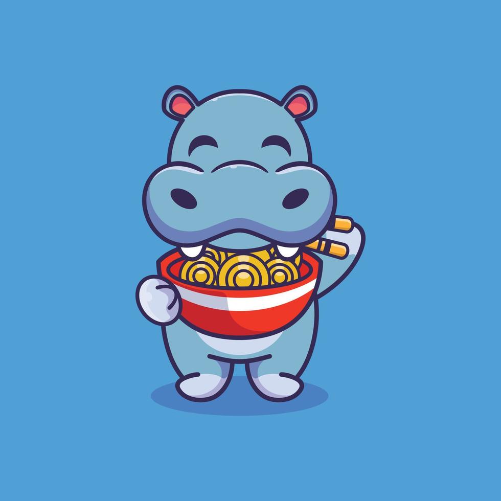 Cute hippo standing eating ramen noodles with chopsticks cartoon icon illustration vector