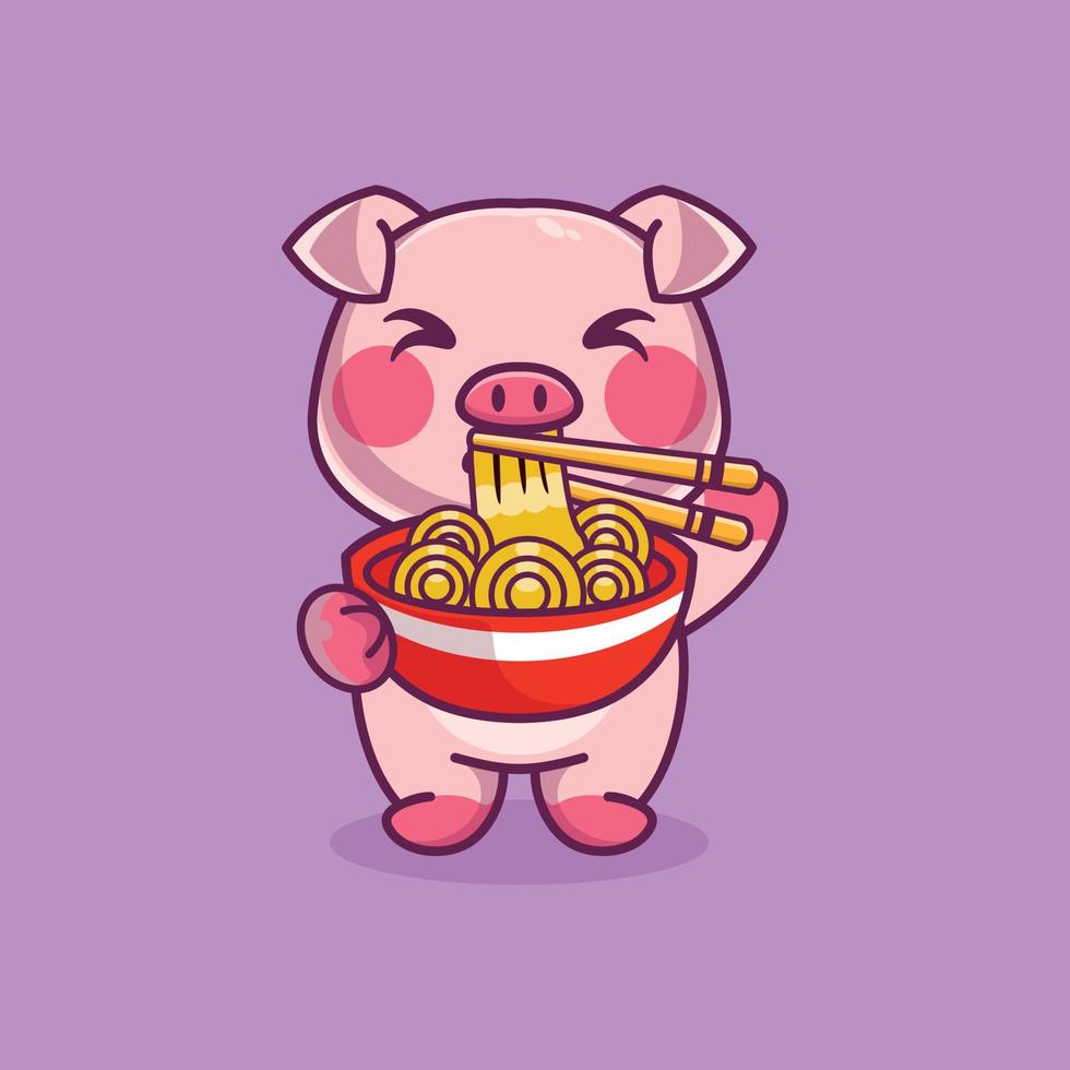 lindo cerdo de pie comiendo fideos ramen con palillos ilustración de icono de dibujos animados vector