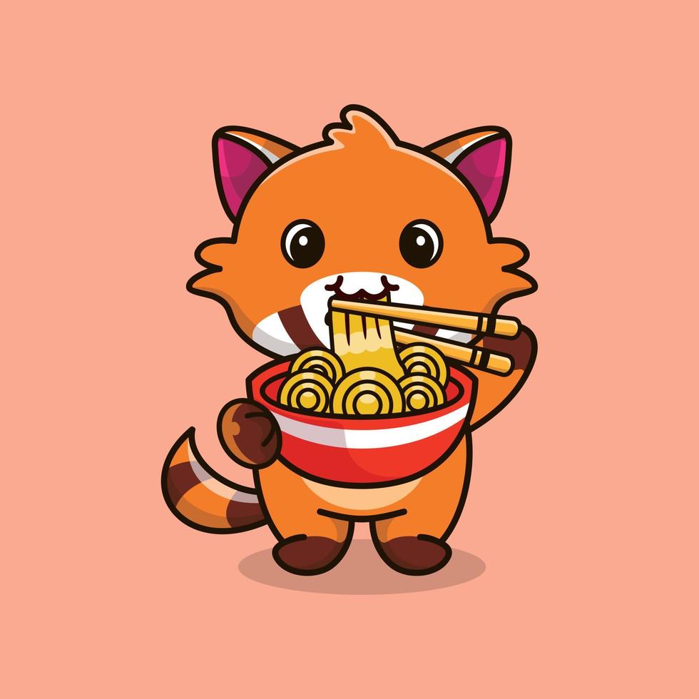 Cute red panda standing eating ramen noodles with chopsticks cartoon icon illustration vector