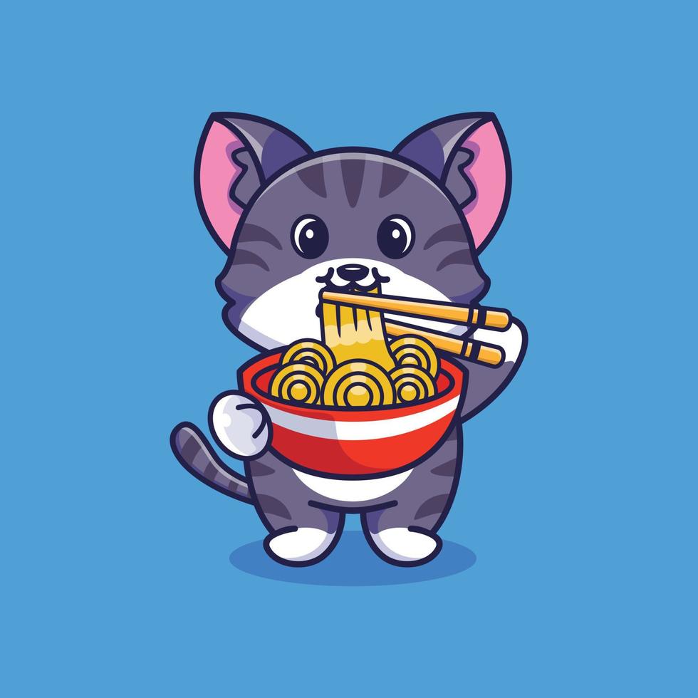 lindo gato de pie comiendo fideos ramen con palillos ilustración de icono de dibujos animados vector