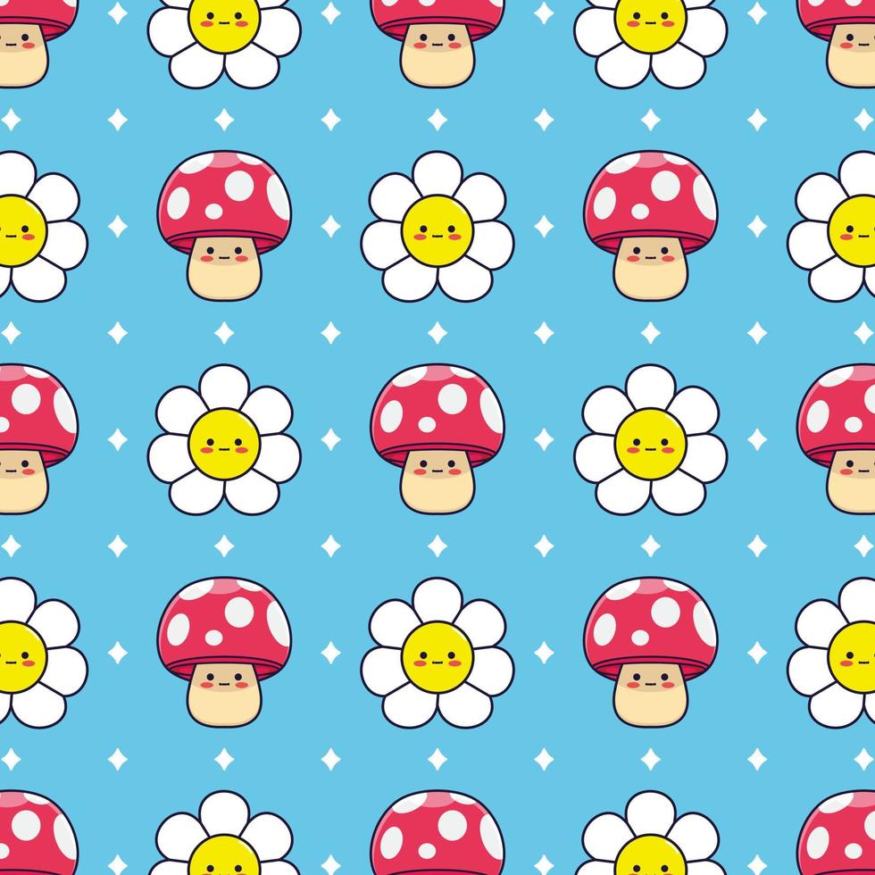 Cute funny little mushroom and flower seamless pattern. Vector hand drawn cartoon kawaii character illustration