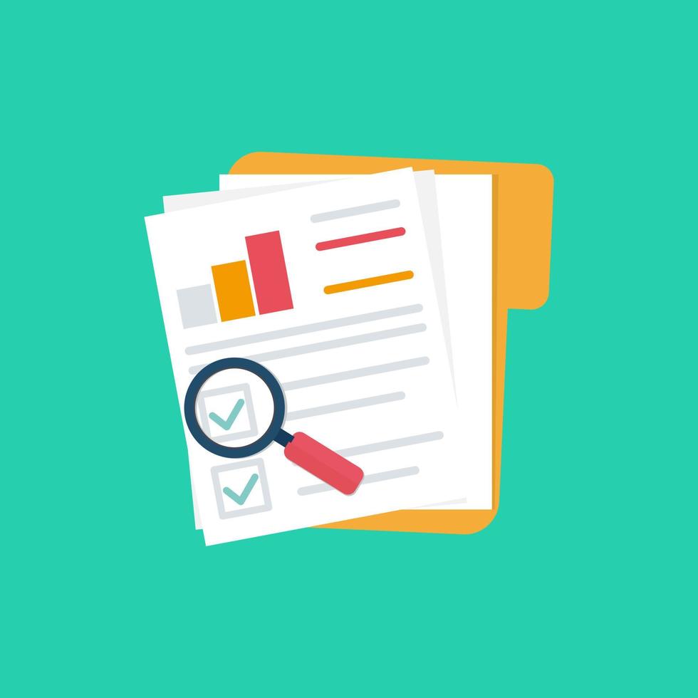 Paper sheet, hands, magnifier, paperwork, consultant, business adviser financial audit, auditing tax process, big data analysis, seo analytics vector