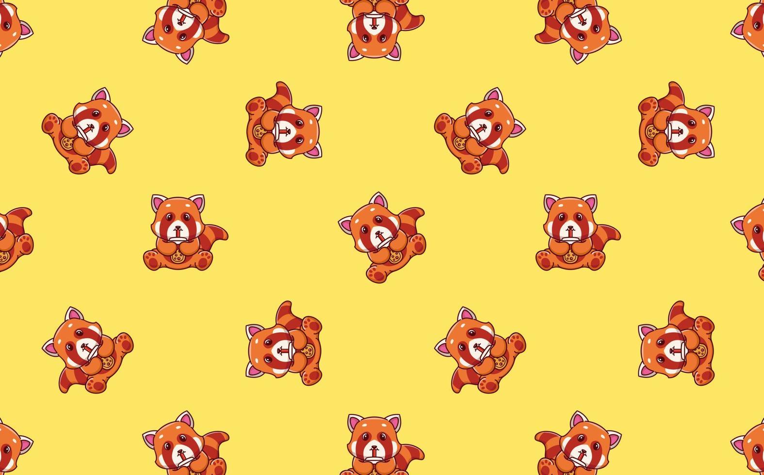 Seamless pattern with cute red panda boba tea ice, vector illustration