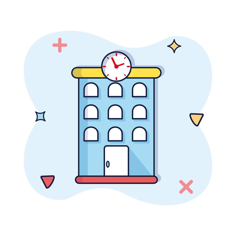 Building icon in comic style school building cartoon vector illustration