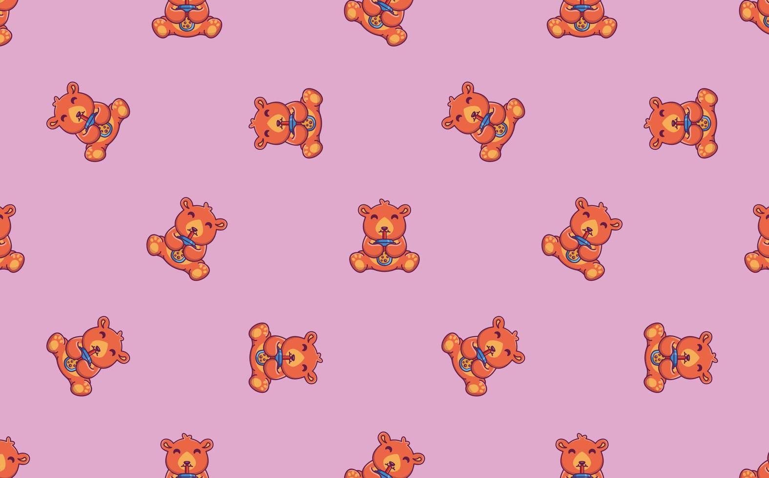 Seamless pattern with cute brown bear drink boba tea ice, vector illustration