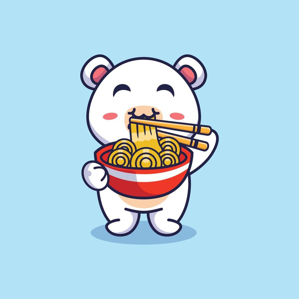 Cute polar bear standing eating ramen noodles with chopsticks cartoon icon illustration vector