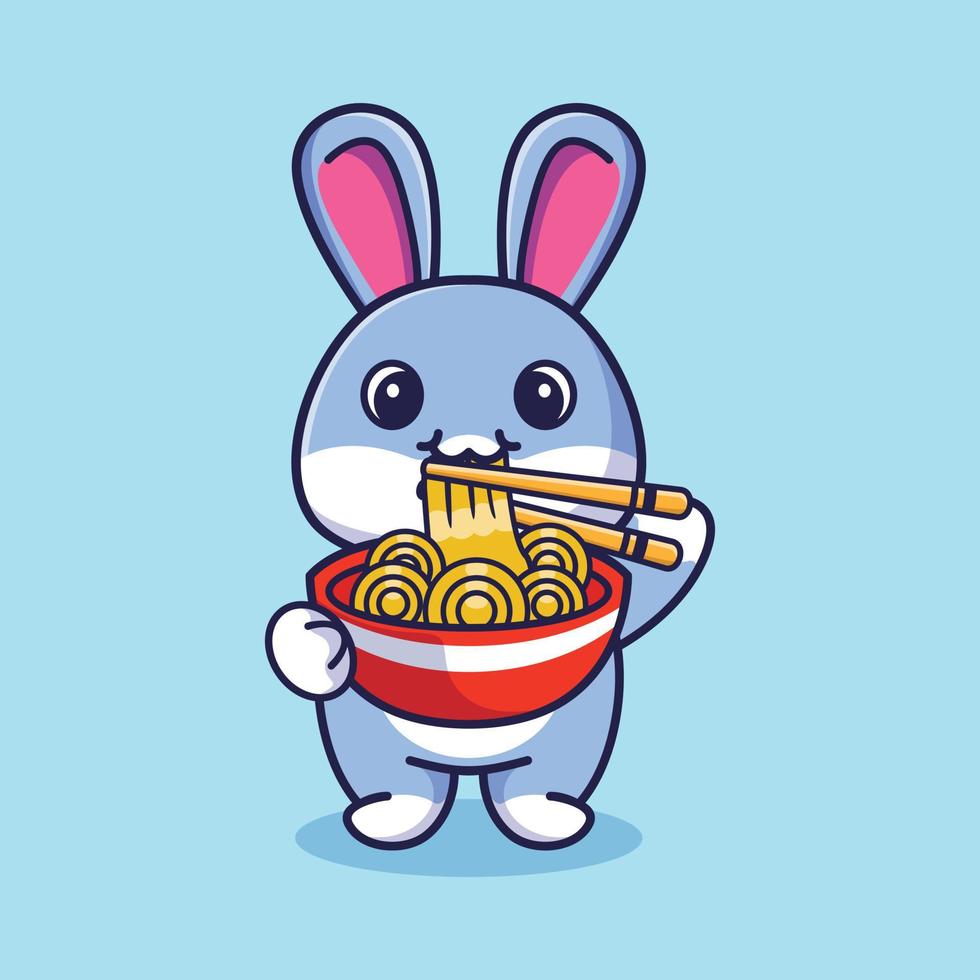 Cute rabbit standing eating ramen noodles with chopsticks cartoon icon illustration vector