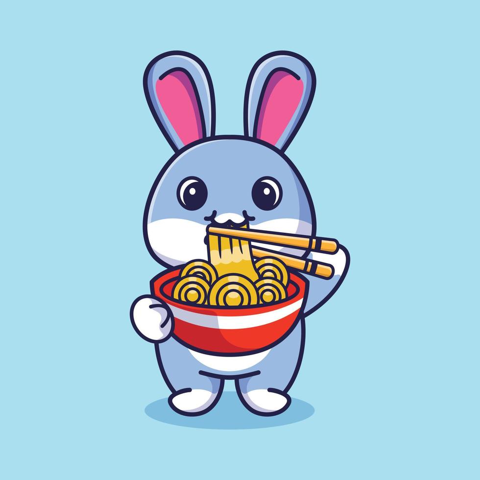 lindo conejo de pie comiendo fideos ramen con palillos icono de dibujos animados ilustración vector