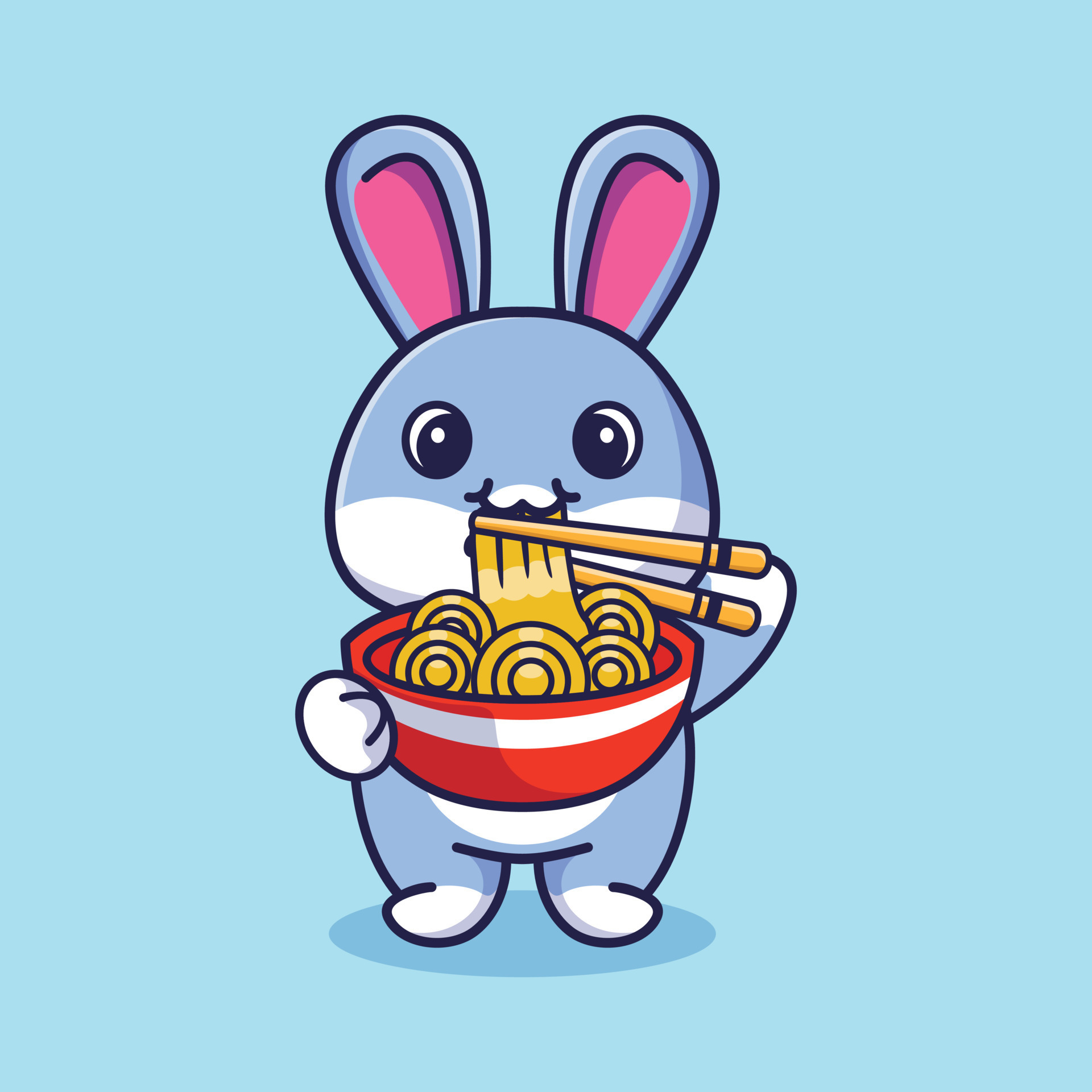 Cute rabbit standing eating ramen noodles with chopsticks cartoon icon