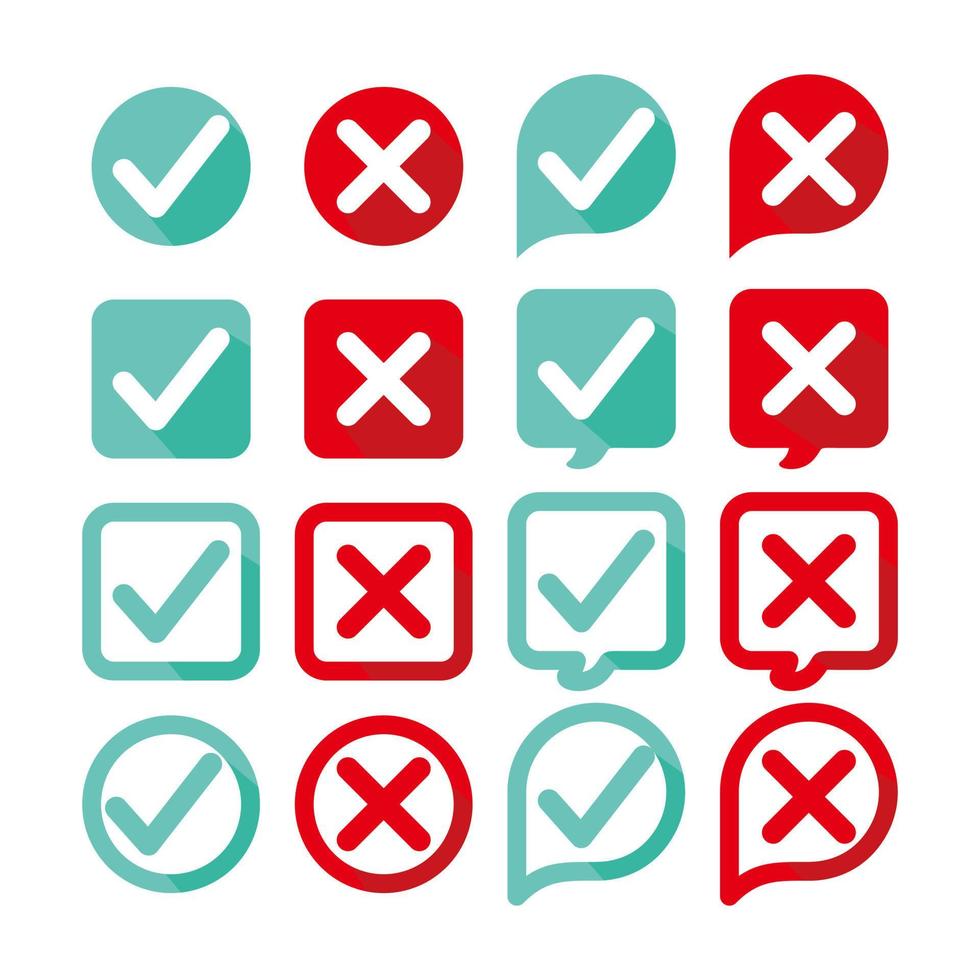 Green tick check mark and cross mark symbols icon element. Set of cancel and check button collection to make an icons vector