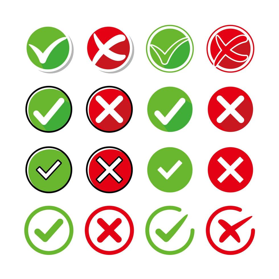 marca de verificación verde y elemento de icono de símbolos de marca cruzada. conjunto de colección de botones cancelar y comprobar para hacer iconos vector