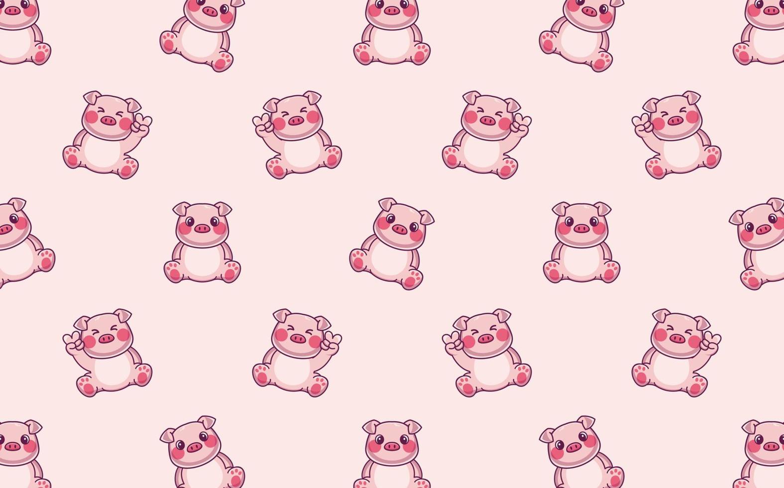 Seamless pattern with cute pig sitting and showing peace sign hand, vector illustration