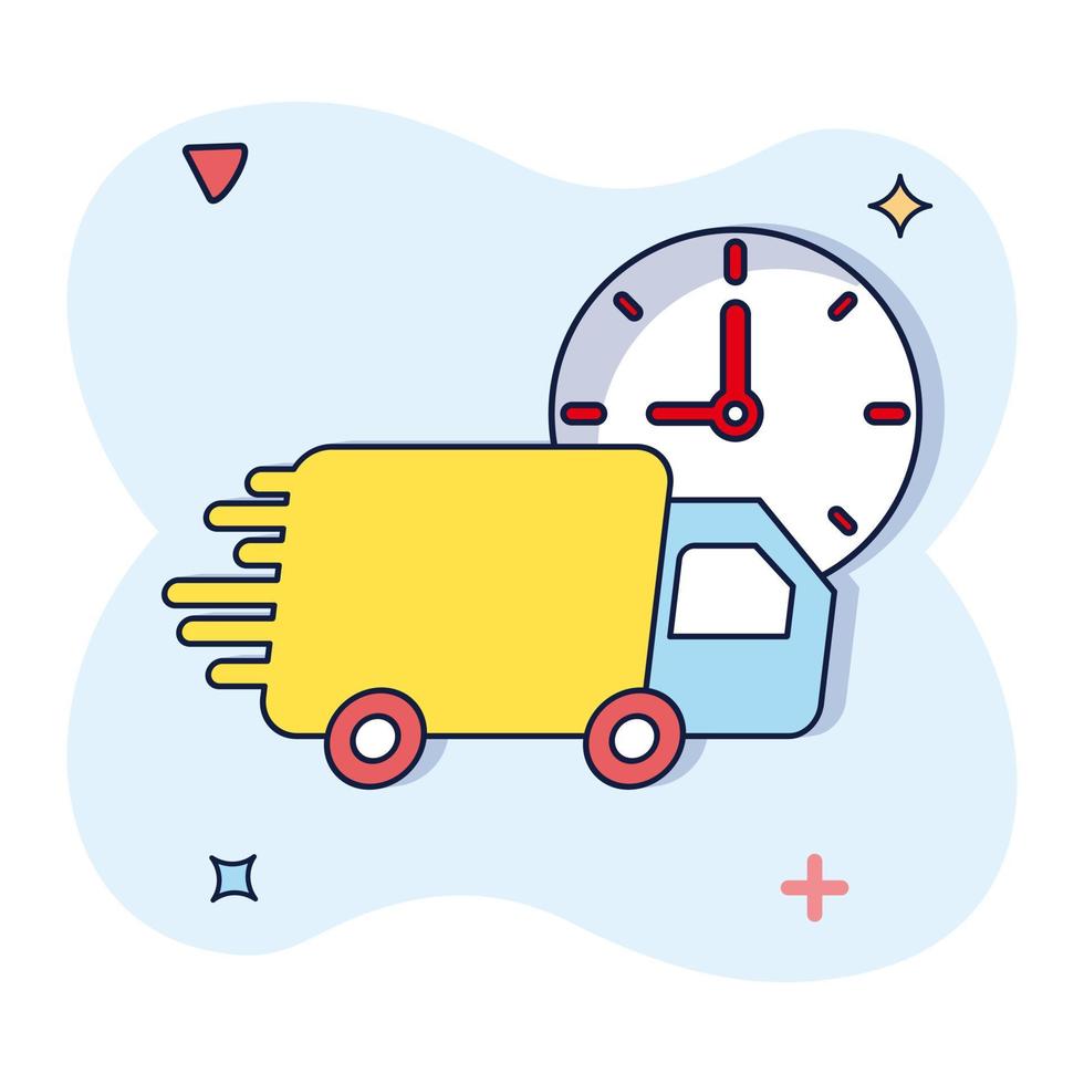 Vector delivery truck being chased by time icon in comic style van cartoon