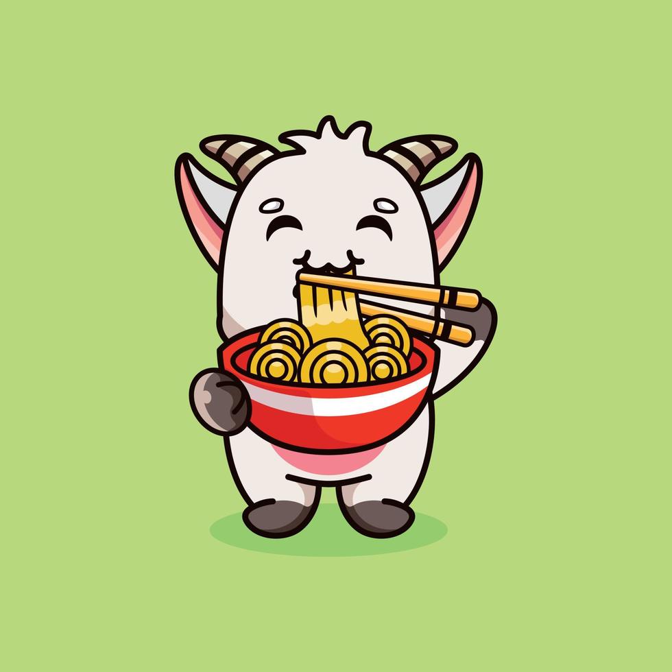 Cute goat standing eating ramen noodles with chopsticks cartoon icon illustration vector