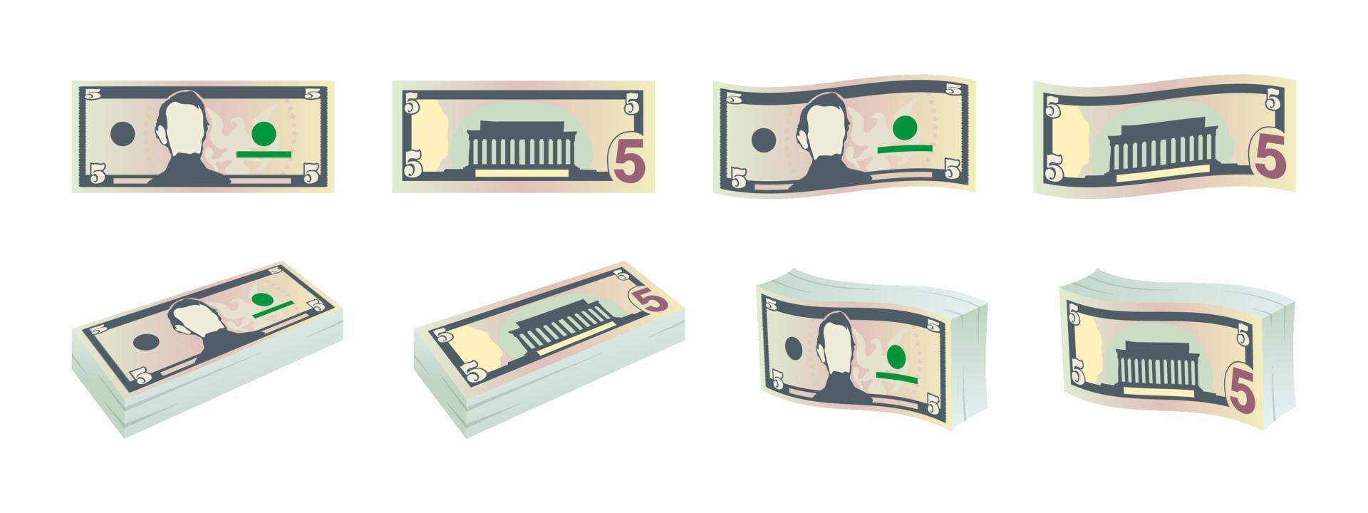 Money icons. Five dollar bills. Dollars banknotes from front and reverse side. Dollar's banknotes set. Vector illustration