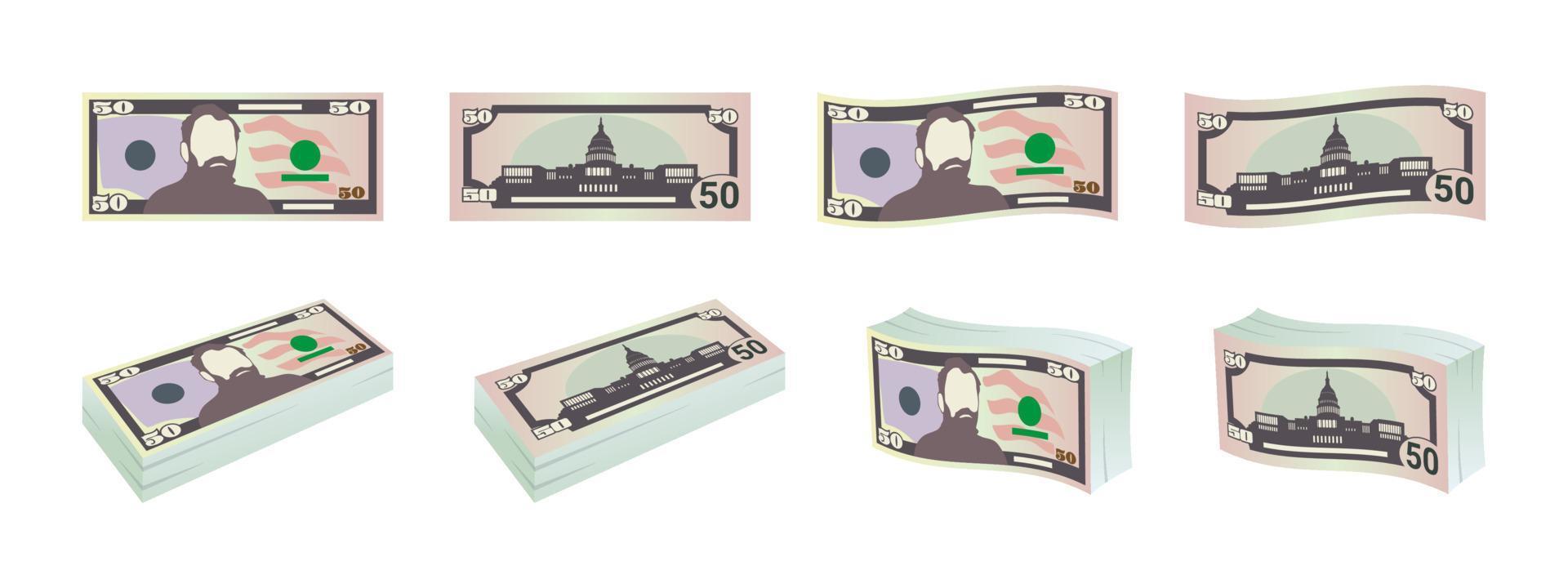 Money. Fifty dollar bills. Dollars banknotes from front and reverse side. Dollar's banknotes set. Vector illustration