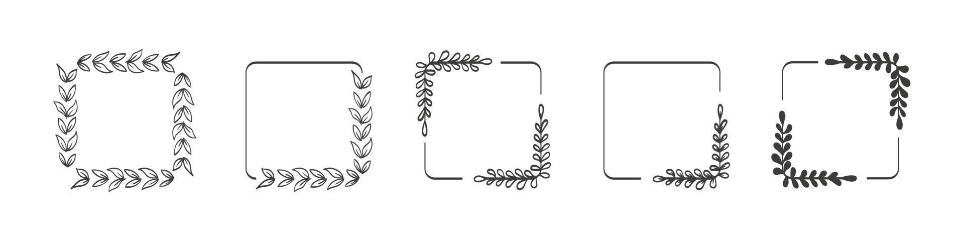 Square laurels branches. Vector illustration of hand drawn wreaths. Doodle floral wreath frames