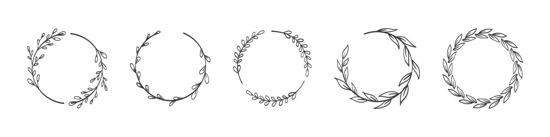 ramas de laureles. ilustración vectorial de coronas dibujadas a mano. marcos de corona floral de garabato vector