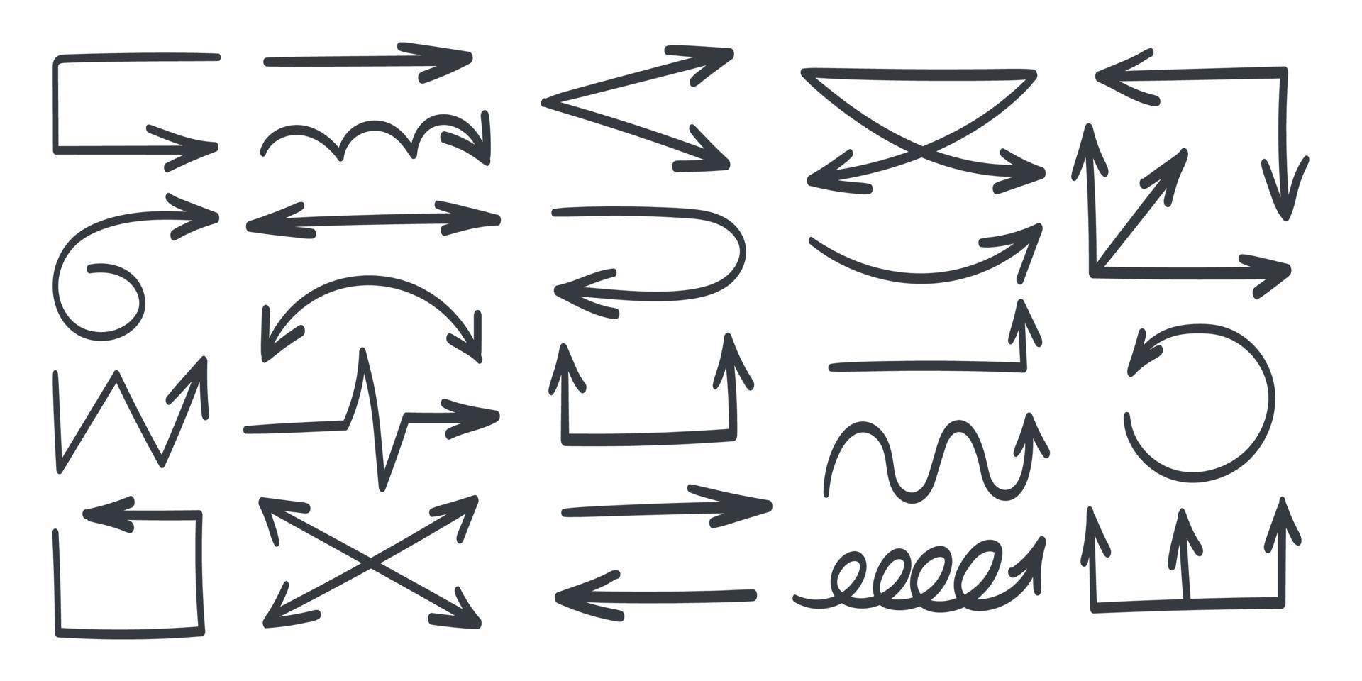 iconos de flechas. flechas dibujadas a mano negra. signos de flechas vectoriales dibujadas vector