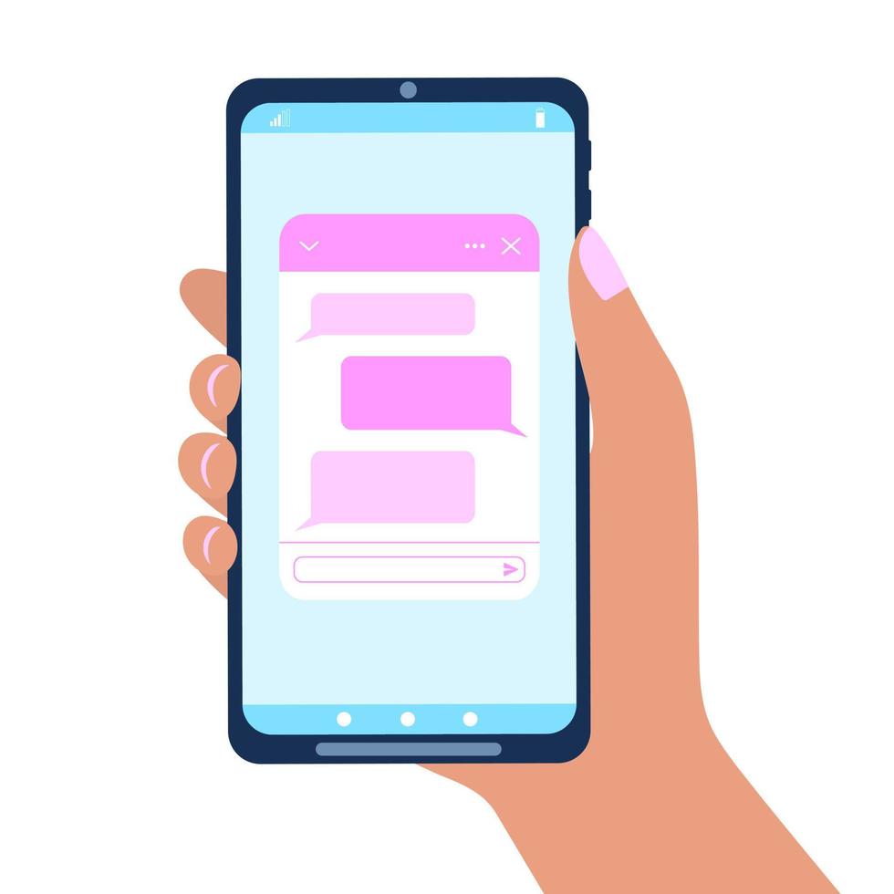 Hand holding smartphone with chat bot window. Lifechat form with message bubbles on phone screen. Virtual assistant, mobile messenger app, online customer support concept vector