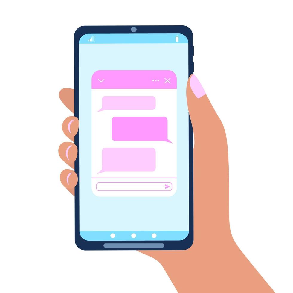 mano que sostiene el teléfono inteligente con ventana de bot de chat. formulario de chat de vida con burbujas de mensajes en la pantalla del teléfono. asistente virtual, aplicación de mensajería móvil, concepto de atención al cliente en línea vector