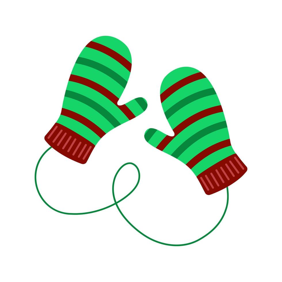 Cozy pair of knitted children mittens with striped pattern. Woolen winter gloves vector