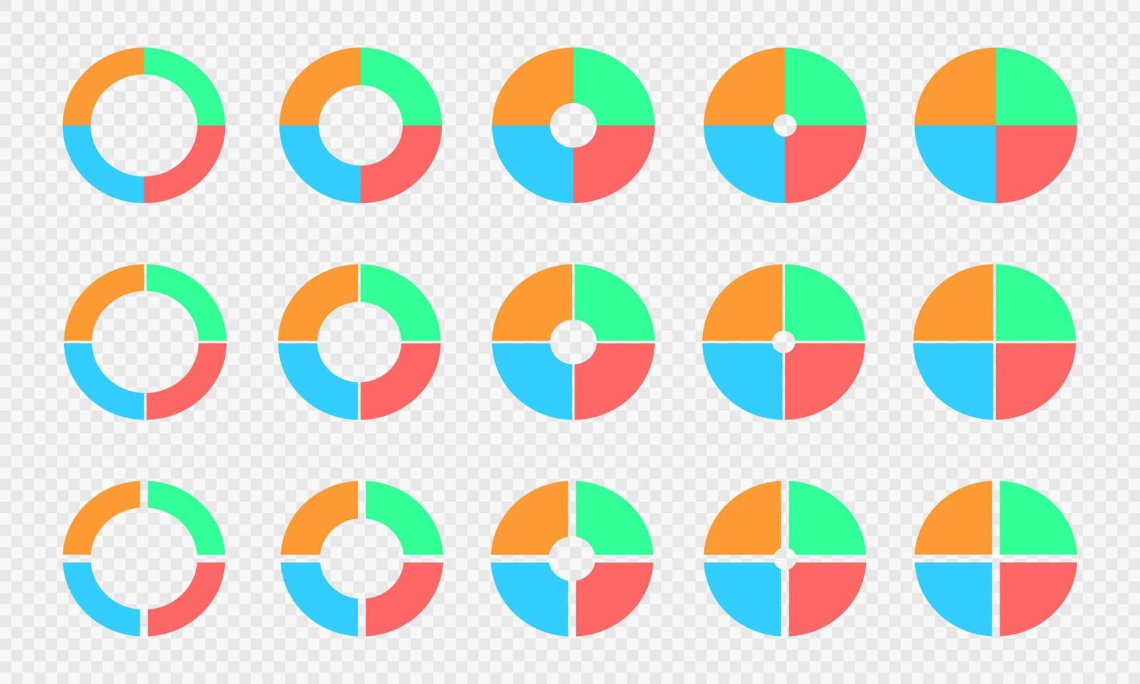 conjunto de gráficos circulares y de anillos. diagramas circulares divididos en 4 secciones. ruedas infográficas coloridas. formas redondas cortadas en cuatro partes iguales aisladas sobre fondo transparente vector