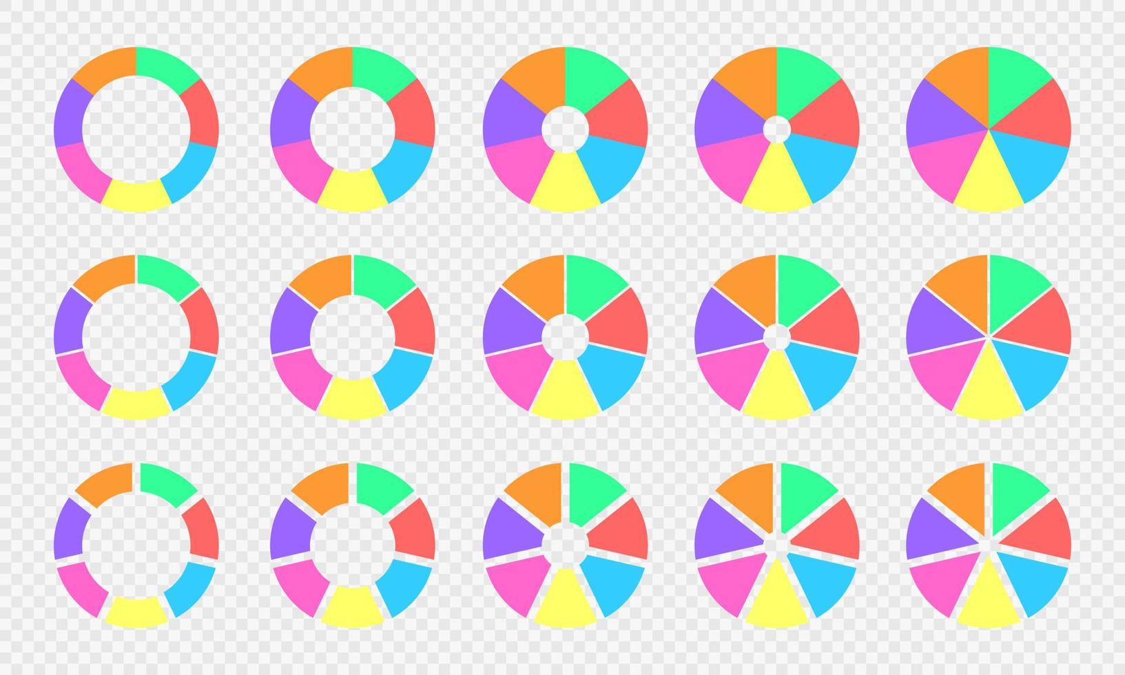 Pie and donut charts collection. Circle diagrams divided in 7 sections of different colors. Infographic wheels with seven equal parts isolated on transparent background vector